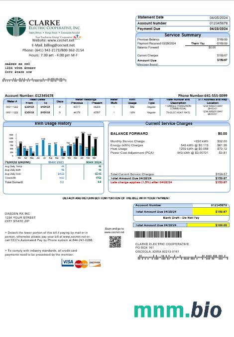 USA Iowa Clarke Electric Cooperative, Inc szablon rachunku za media Biznesowe w formatach Word i PDF